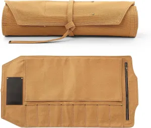 XINZUO Professional Chef Knife Roll Bag,Thickened Starched Canvas and Crazy Horse Leather Scissor Slot,Small Chef's Knife Case Holder Cutlery Sheath,8 Knife Slots,khaki