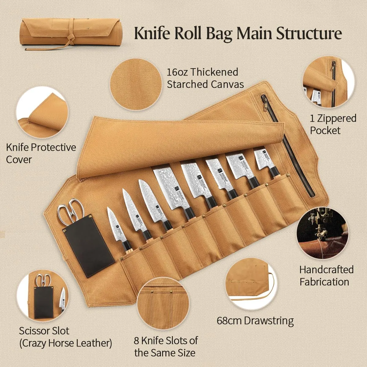 XINZUO Professional Chef Knife Roll Bag,Thickened Starched Canvas and Crazy Horse Leather Scissor Slot,Small Chef's Knife Case Holder Cutlery Sheath,8 Knife Slots,khaki