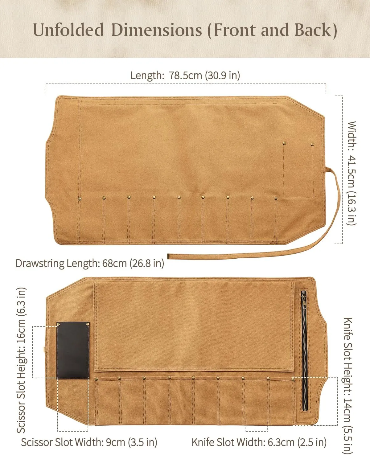 XINZUO Professional Chef Knife Roll Bag,Thickened Starched Canvas and Crazy Horse Leather Scissor Slot,Small Chef's Knife Case Holder Cutlery Sheath,8 Knife Slots,khaki