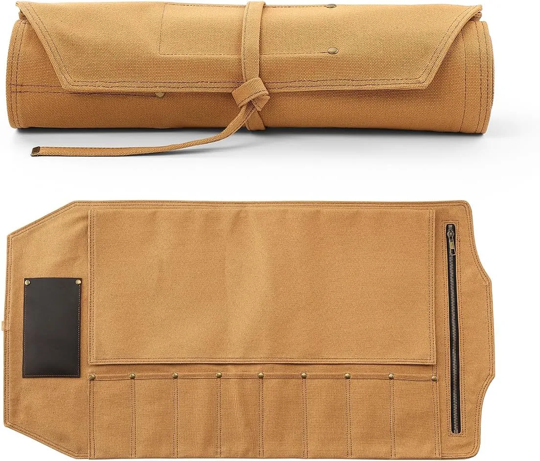 XINZUO Professional Chef Knife Roll Bag,Thickened Starched Canvas and Crazy Horse Leather Scissor Slot,Small Chef's Knife Case Holder Cutlery Sheath,8 Knife Slots,khaki
