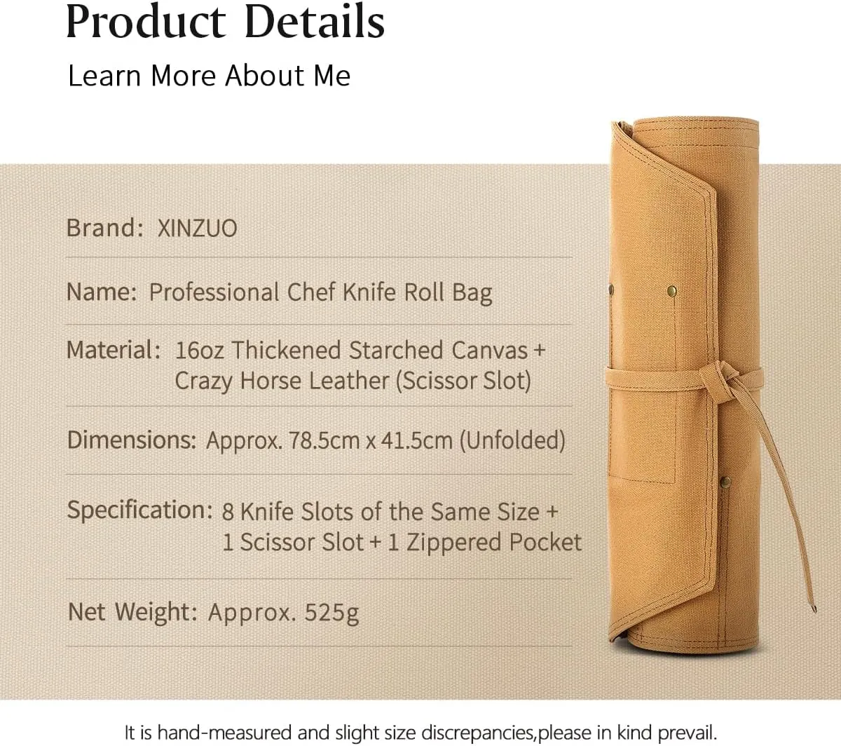 XINZUO Professional Chef Knife Roll Bag,Thickened Starched Canvas and Crazy Horse Leather Scissor Slot,Small Chef's Knife Case Holder Cutlery Sheath,8 Knife Slots,khaki
