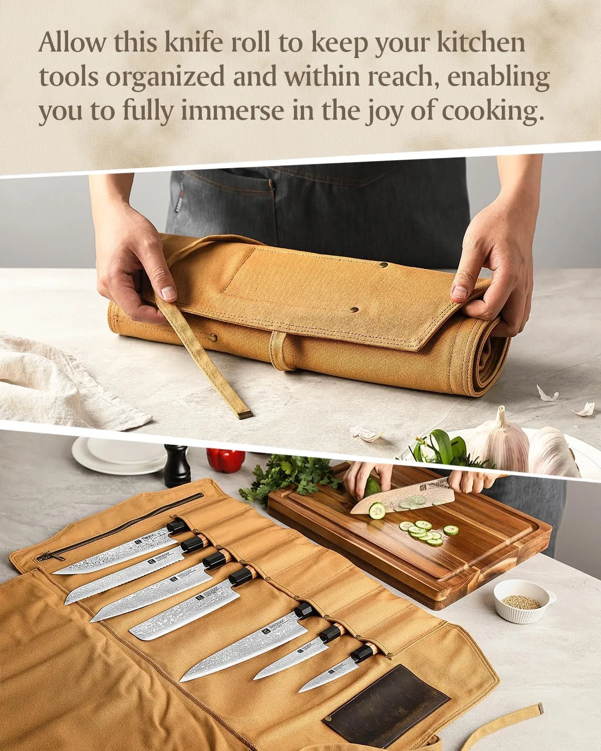 XINZUO Professional Chef Knife Roll Bag,Thickened Starched Canvas and Crazy Horse Leather Scissor Slot,Small Chef's Knife Case Holder Cutlery Sheath,8 Knife Slots,khaki