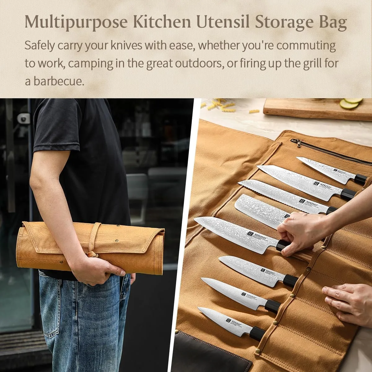 XINZUO Professional Chef Knife Roll Bag,Thickened Starched Canvas and Crazy Horse Leather Scissor Slot,Small Chef's Knife Case Holder Cutlery Sheath,8 Knife Slots,khaki