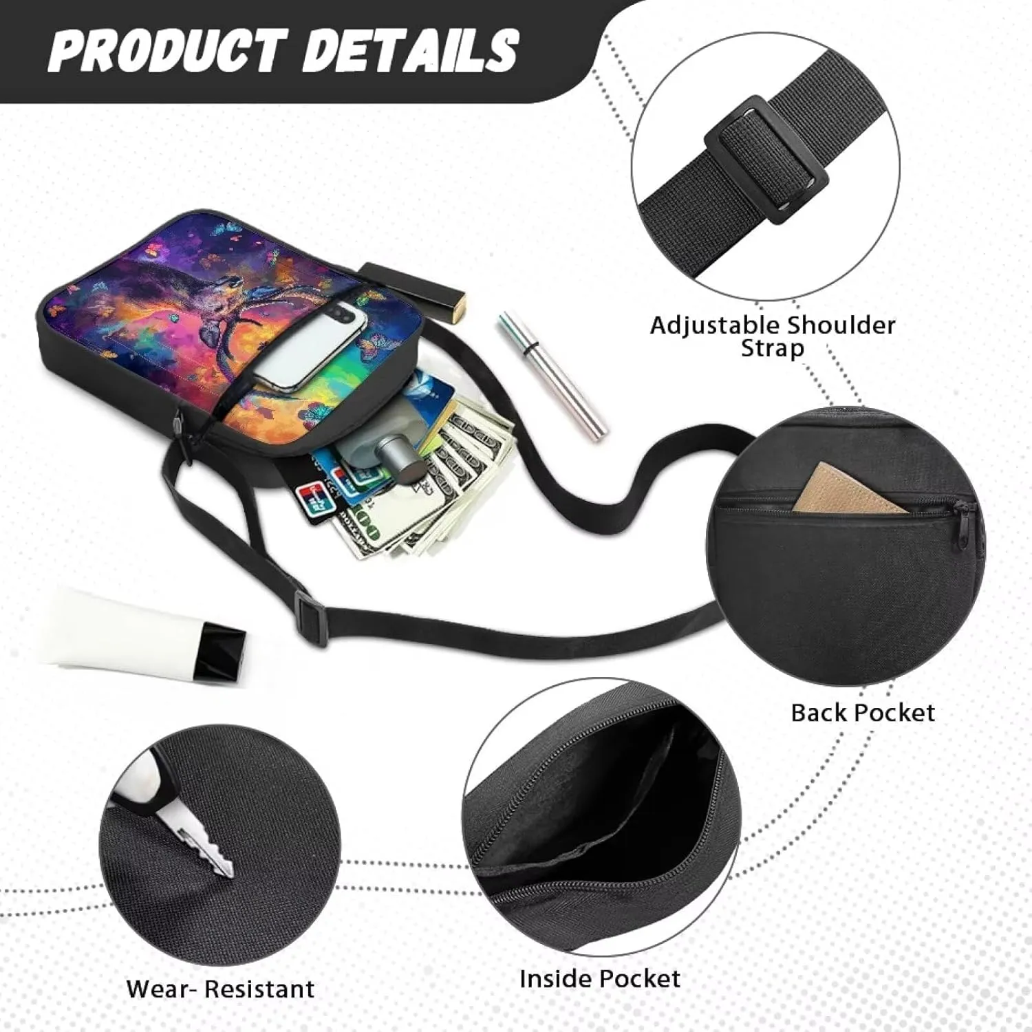 Xoenoiee Mini Messenger Bag Men Women Sling Bags with Multi Pockets Lightweight Small Crossbody Bag for Outing Daily