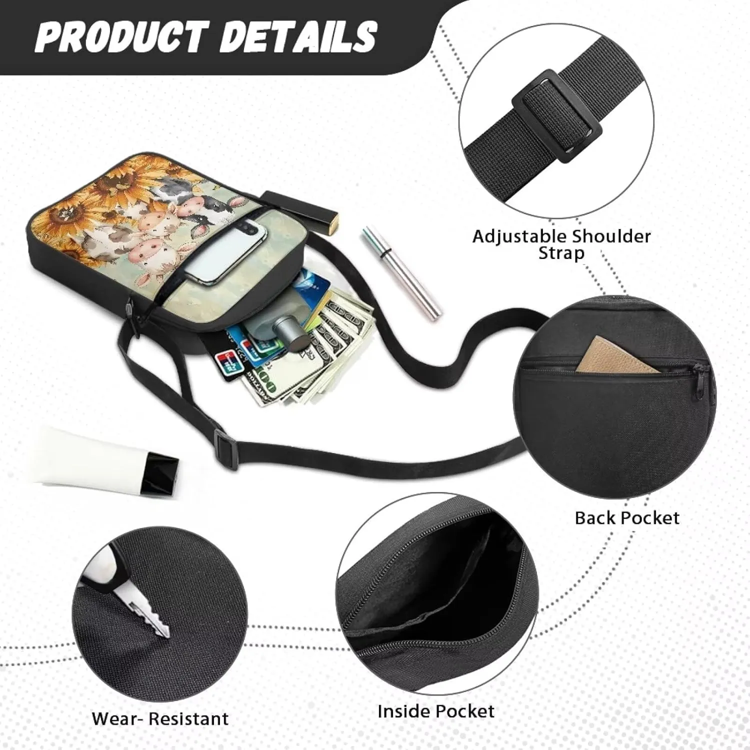 Xoenoiee Mini Messenger Bag Men Women Sling Bags with Multi Pockets Small Crossbody Bag for Walking Outing Daily