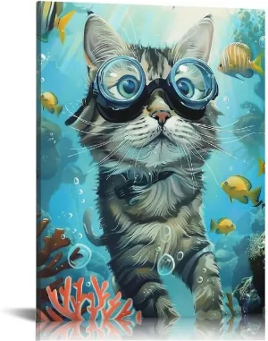 YACAMA Cat's Underwater Adventure Framed Canvas Wall Art Diving Kitty Scene Ready to Hang Ideal for Living Room Home Bedroom Decoration 16x20 in/12x16 in 12x16 in, pattern 1