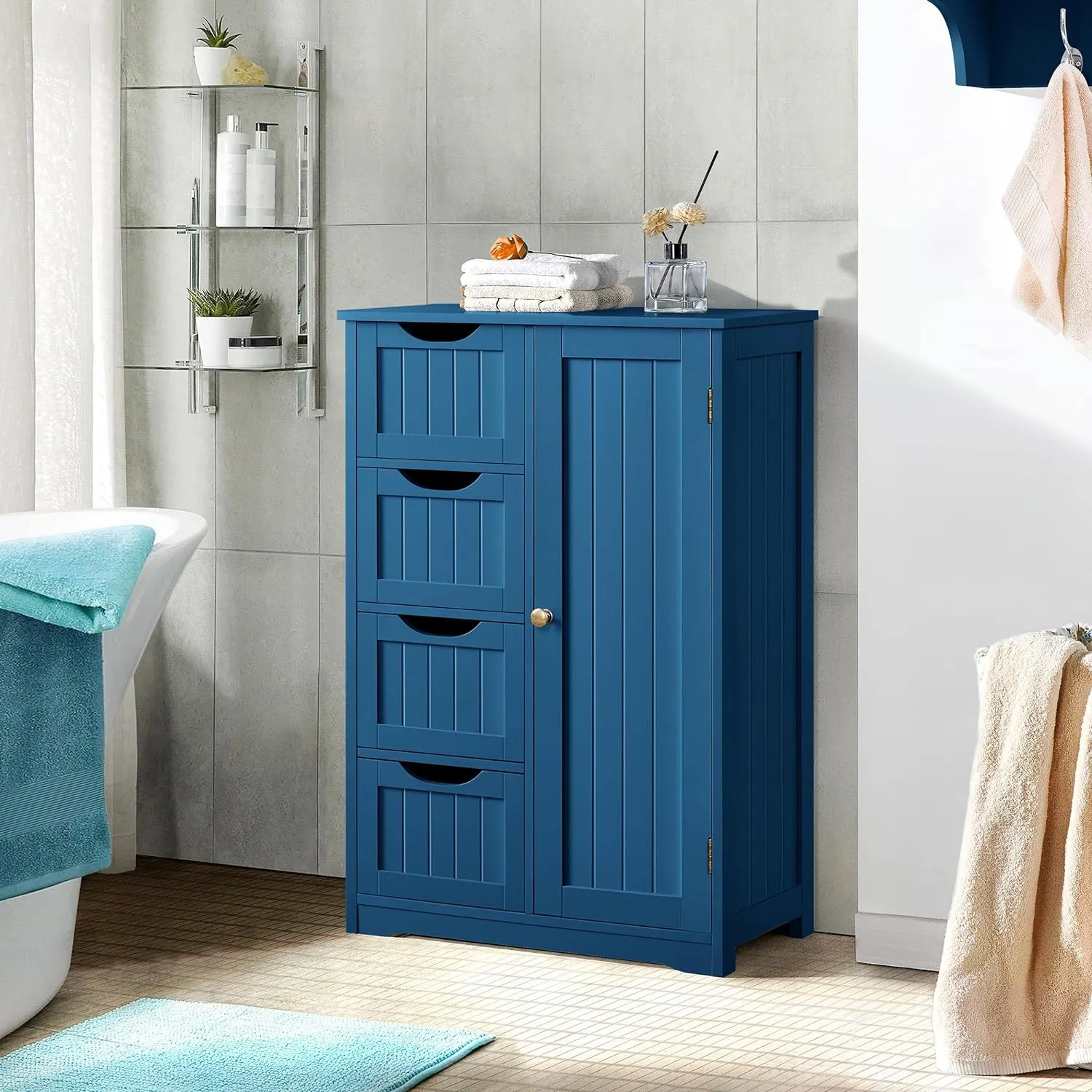 Yaheetech Wooden Bathroom Floor Cabinet, Side Storage Organizer Cabinet with 4 Drawers and 1 Cupboard, Freestanding Entryway Storage Unit Console Table, Bathroom Furniture Home Decor, Navy Blue
