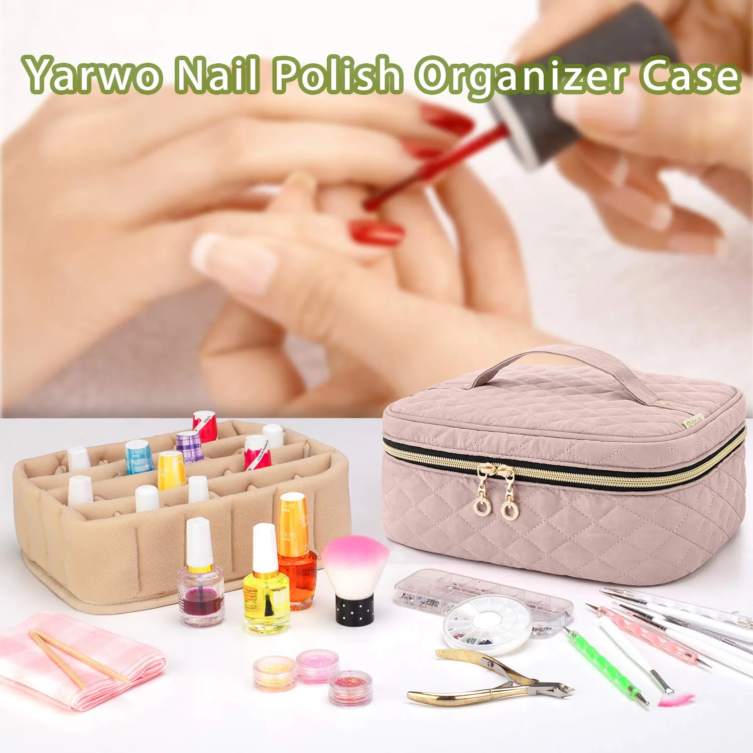 Yarwo Nail Polish Carrying Bag Holds 24 Bottles (15ml/0.5 fl.oz), Travel Storage Organizer for Nail Polish and Manicure Accessories, Dusty Rose