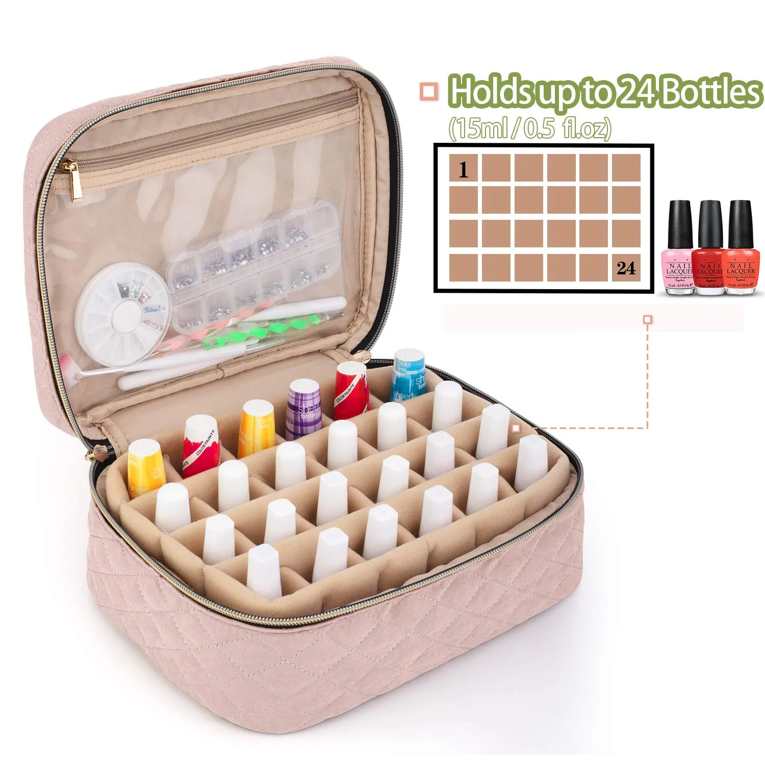 Yarwo Nail Polish Carrying Bag Holds 24 Bottles (15ml/0.5 fl.oz), Travel Storage Organizer for Nail Polish and Manicure Accessories, Dusty Rose