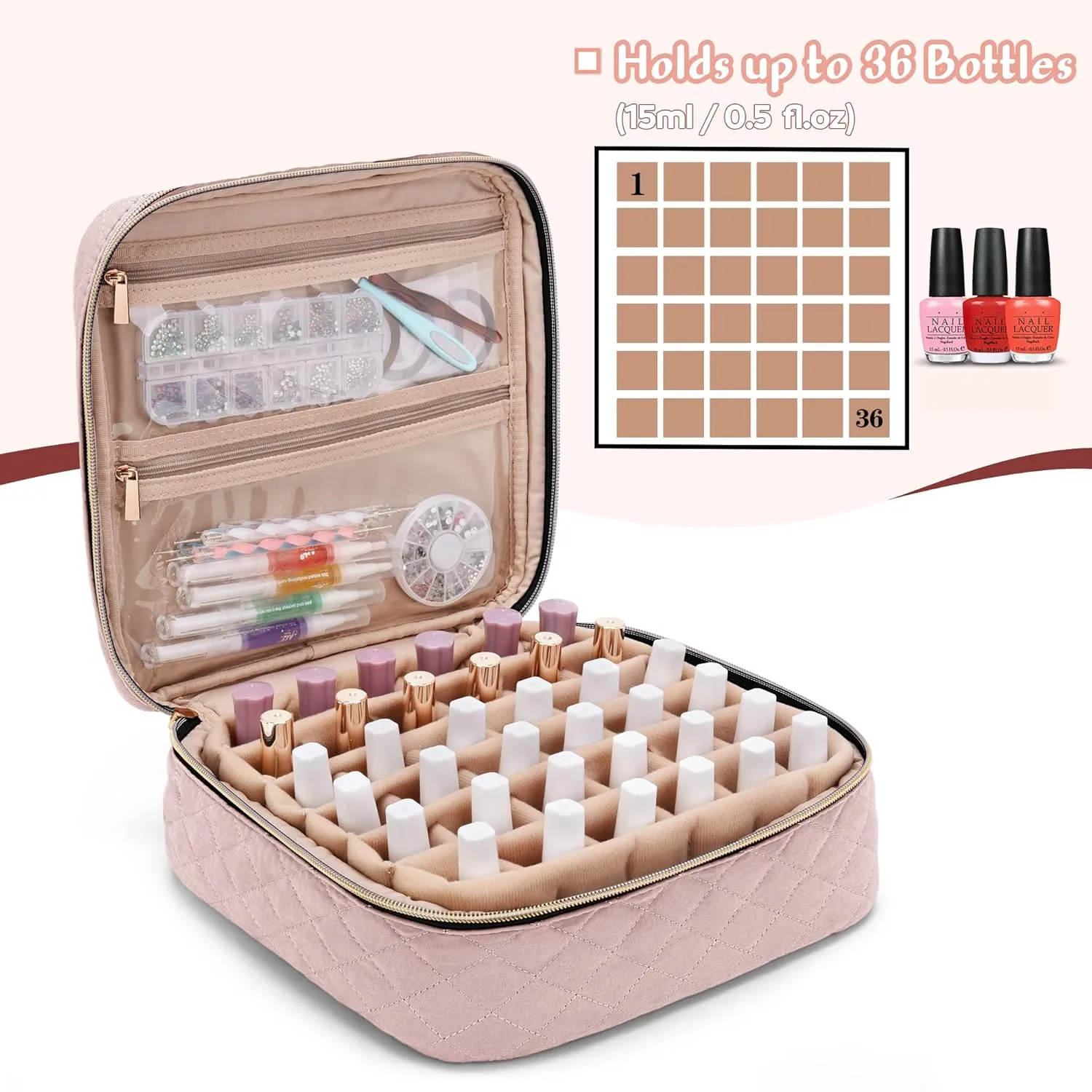 Yarwo Nail Polish Carrying Bag Holds 36 Bottles (15ml/0.5 fl.oz), Travel Storage Organizer for Nail Polish and Manicure Accessories, Dusty Rose