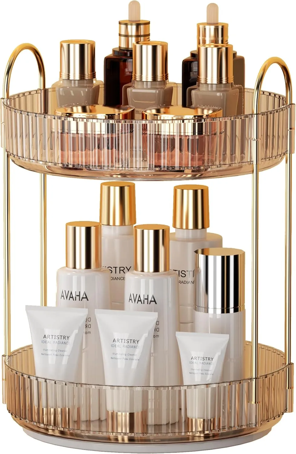 YCIA&DONE 360 Rotating Makeup Organizer and Storage for Vanity Countertop 2 Tiers, High Capacity Cosmetic Skincare Perfume Organizers for Dresser Bathroom Lazy Susan (Amber Gold)