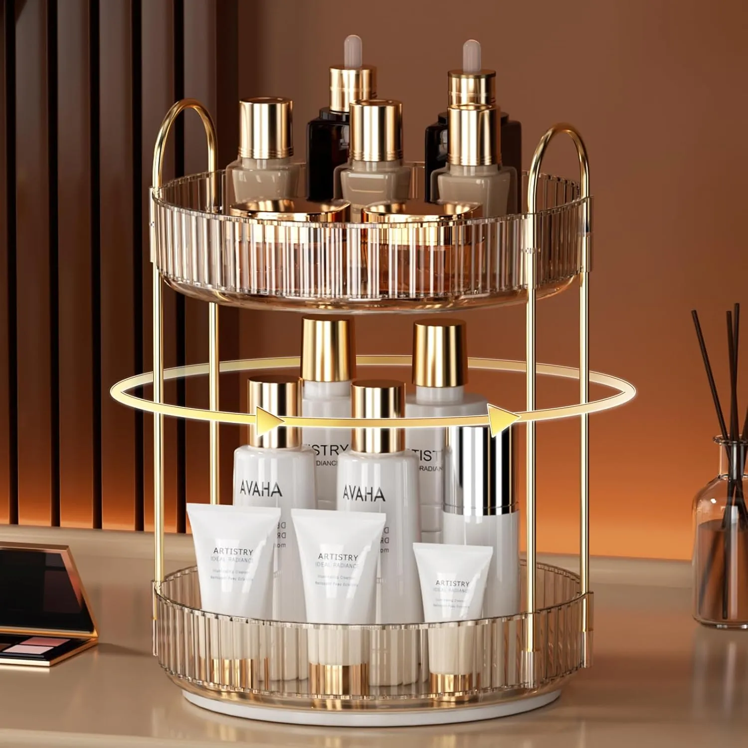 YCIA&DONE 360 Rotating Makeup Organizer and Storage for Vanity Countertop 2 Tiers, High Capacity Cosmetic Skincare Perfume Organizers for Dresser Bathroom Lazy Susan (Amber Gold)