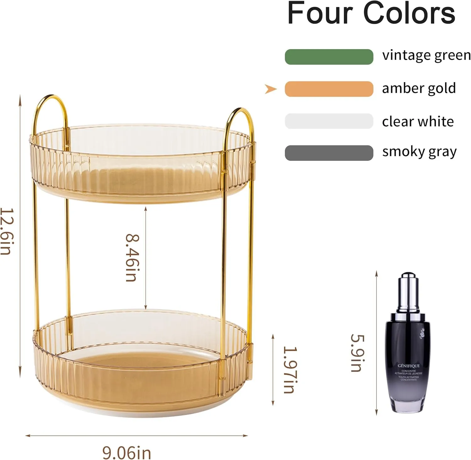 YCIA&DONE 360 Rotating Makeup Organizer and Storage for Vanity Countertop 2 Tiers, High Capacity Cosmetic Skincare Perfume Organizers for Dresser Bathroom Lazy Susan (Amber Gold)