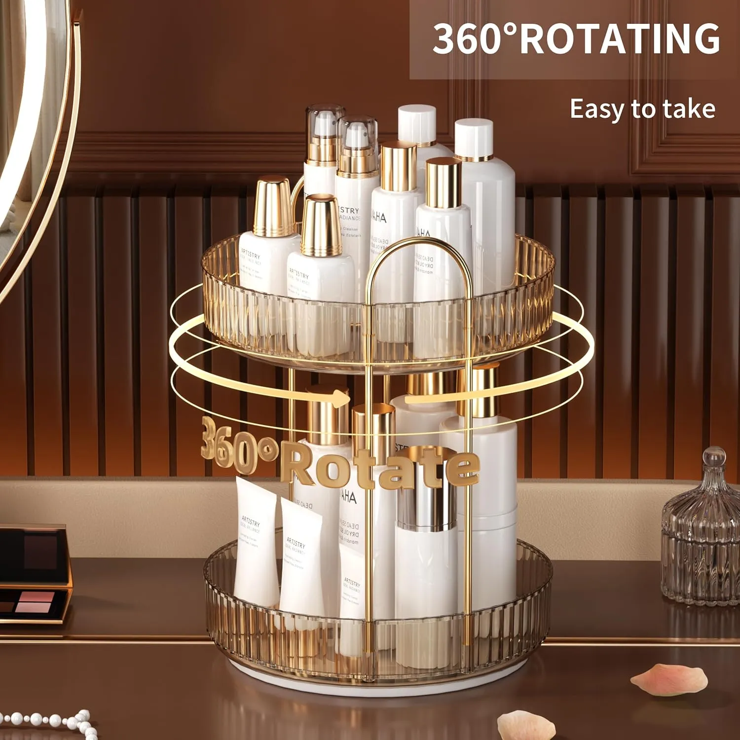YCIA&DONE 360 Rotating Makeup Organizer and Storage for Vanity Countertop 2 Tiers, High Capacity Cosmetic Skincare Perfume Organizers for Dresser Bathroom Lazy Susan (Amber Gold)