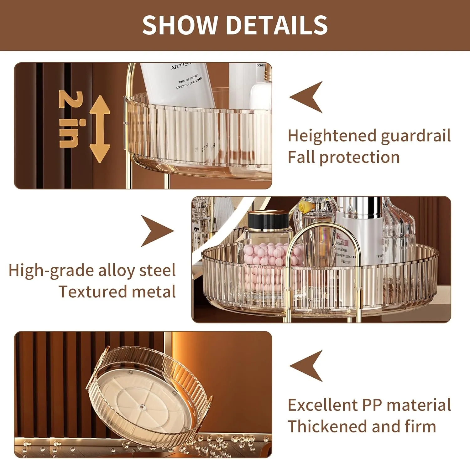 YCIA&DONE 360 Rotating Makeup Organizer and Storage for Vanity Countertop 2 Tiers, High Capacity Cosmetic Skincare Perfume Organizers for Dresser Bathroom Lazy Susan (Amber Gold)