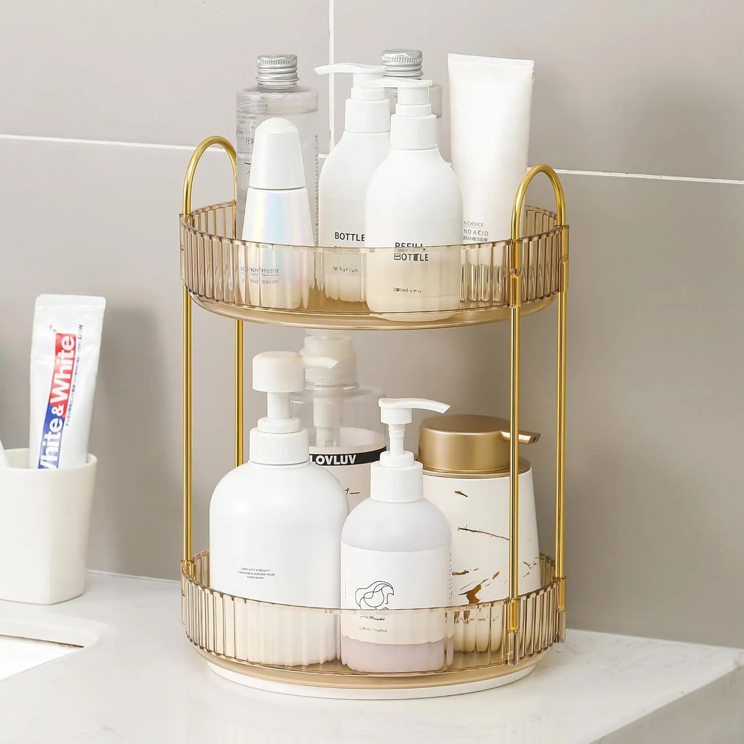 YCIA&DONE 360 Rotating Makeup Organizer and Storage for Vanity Countertop 2 Tiers, High Capacity Cosmetic Skincare Perfume Organizers for Dresser Bathroom Lazy Susan (Amber Gold)