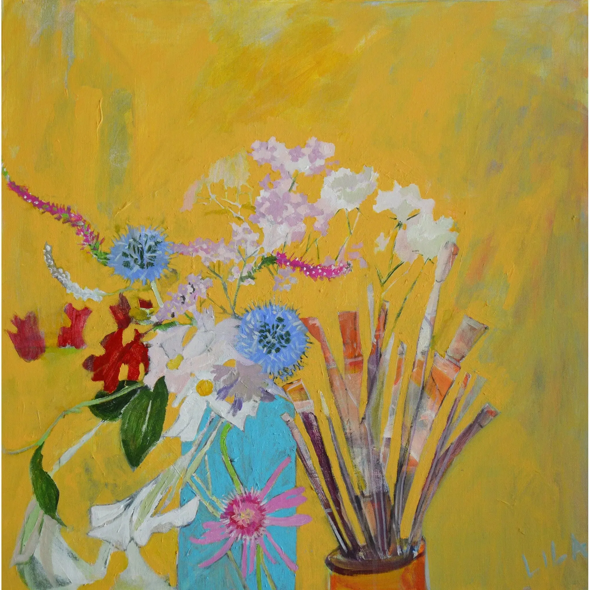 Yellow c-lb316 by Lila Bacon Floral Painting on Canvas