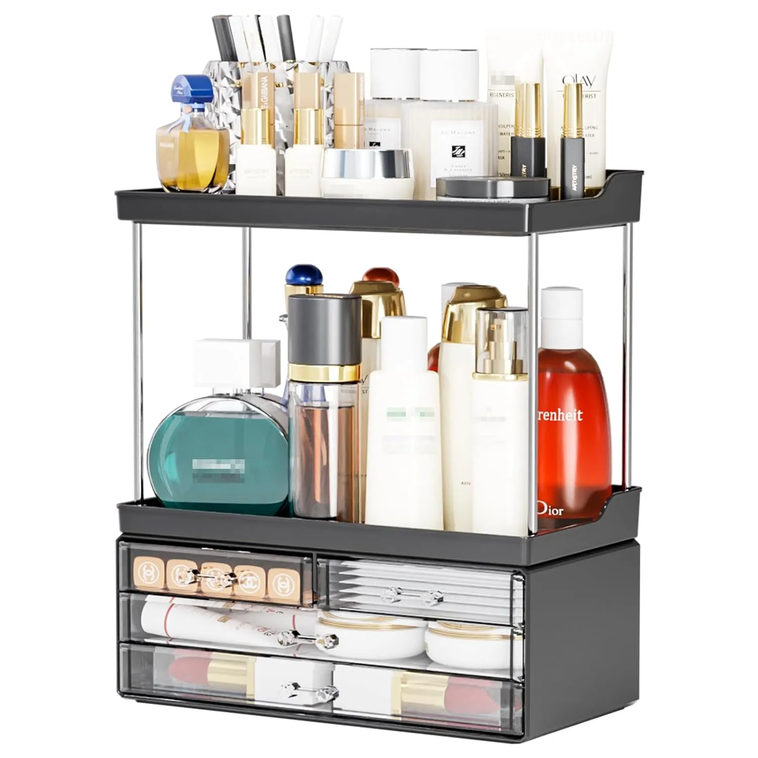 Yieach Bathroom Counter Organizers and Storage,Black Acrylic Makeup Organizers with Drawers for Vanity,Bedroom,Plastic Skincare Organizer for Dresser Top Beauty,Cosmetic,Lotion and Perfume Organizer