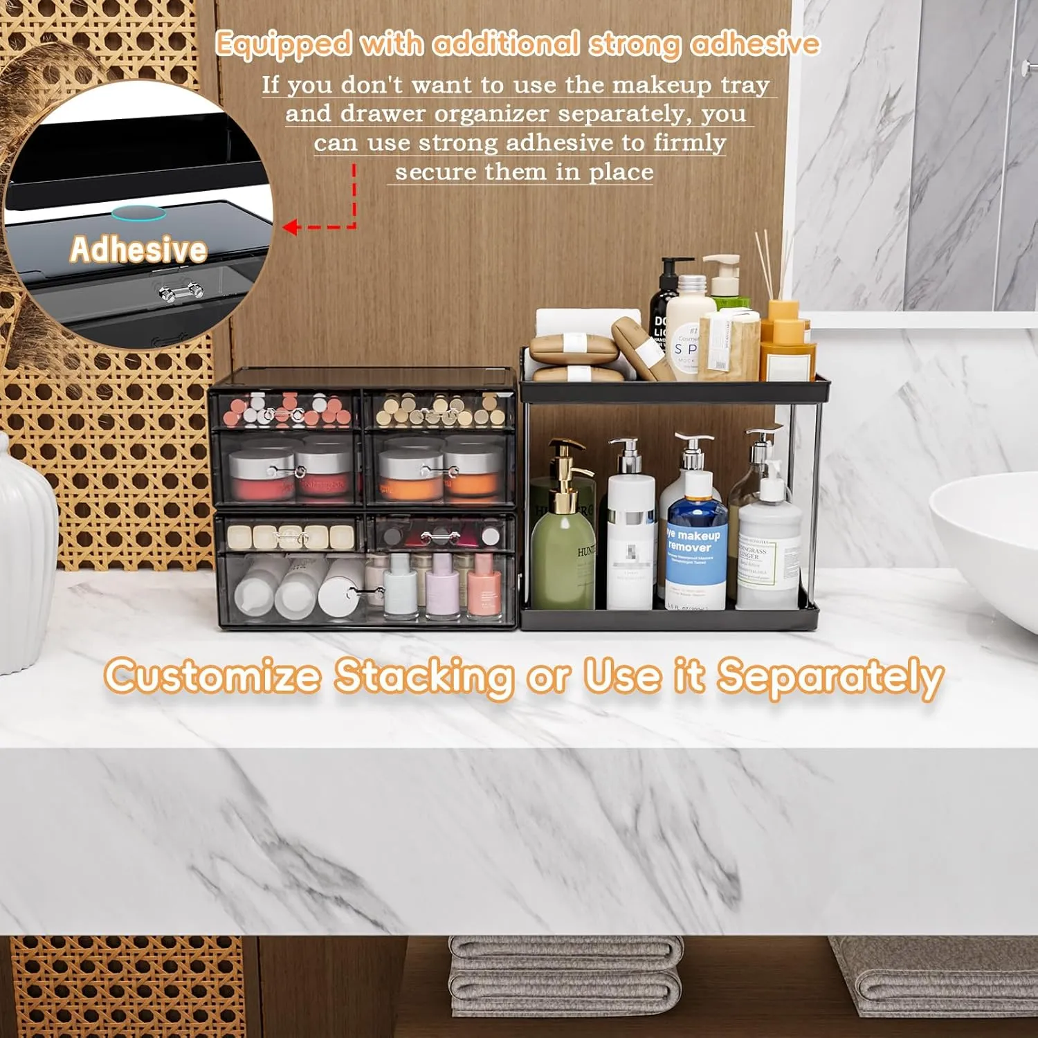Yieach Bathroom Counter Organizers and Storage,Black Acrylic Makeup Organizers with Drawers for Vanity,Bedroom,Plastic Skincare Organizer for Dresser Top Beauty,Cosmetic,Lotion and Perfume Organizer