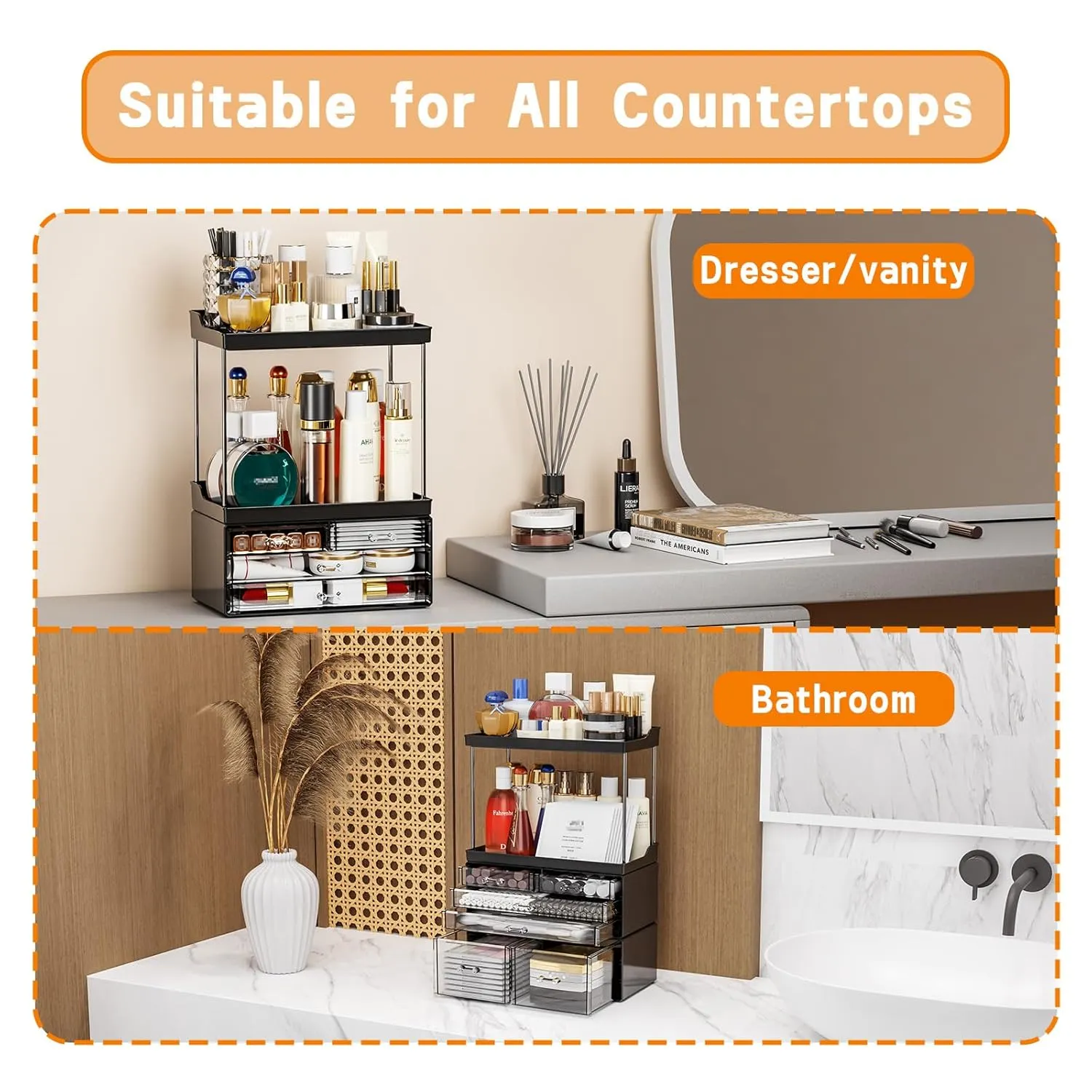 Yieach Bathroom Counter Organizers and Storage,Black Acrylic Makeup Organizers with Drawers for Vanity,Bedroom,Plastic Skincare Organizer for Dresser Top Beauty,Cosmetic,Lotion and Perfume Organizer
