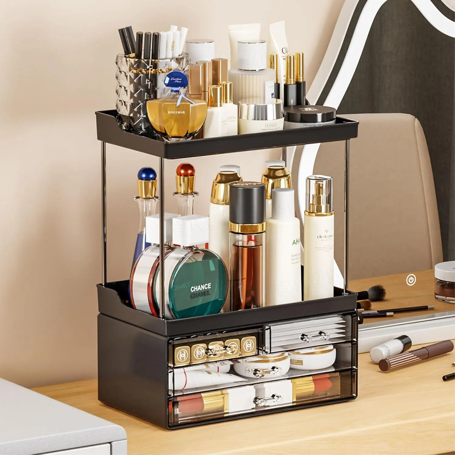 Yieach Bathroom Counter Organizers and Storage,Black Acrylic Makeup Organizers with Drawers for Vanity,Bedroom,Plastic Skincare Organizer for Dresser Top Beauty,Cosmetic,Lotion and Perfume Organizer
