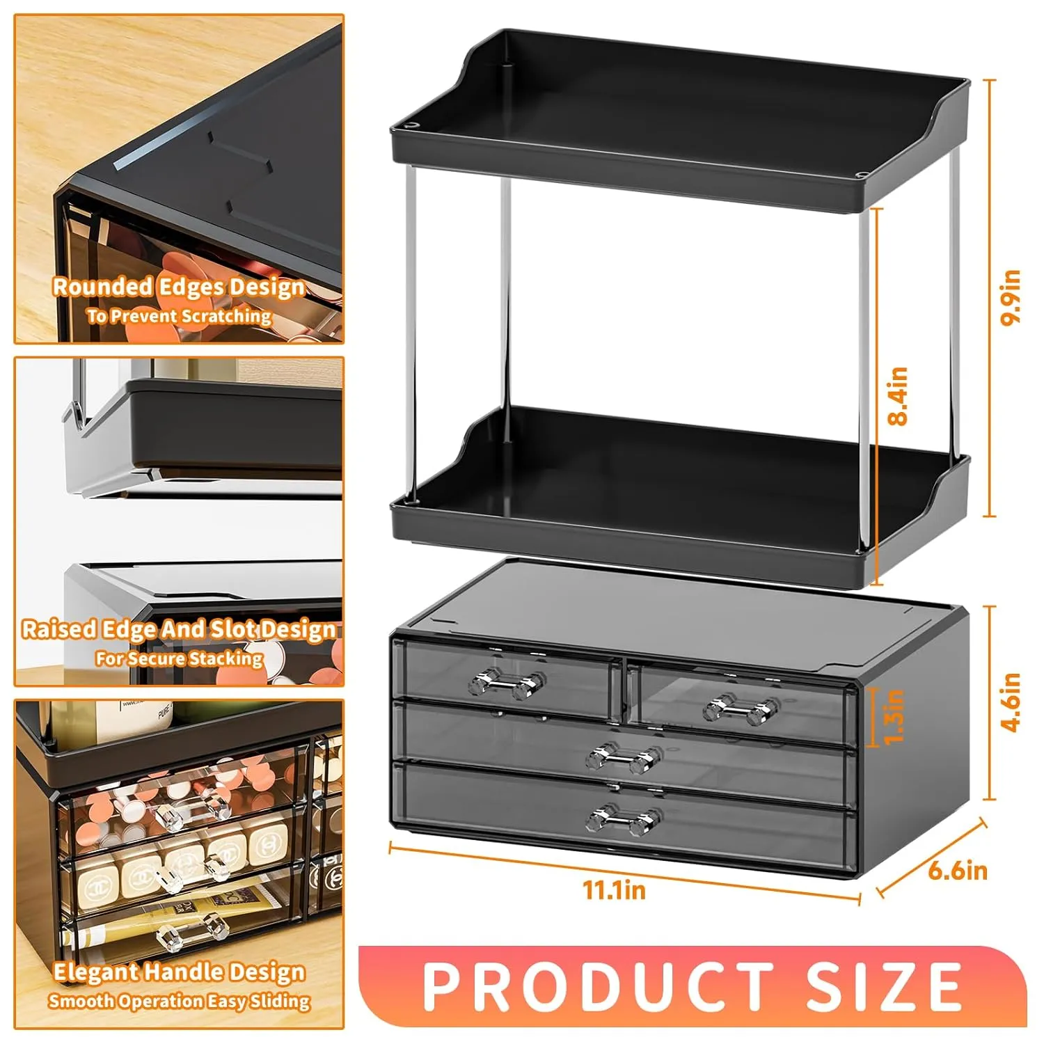 Yieach Bathroom Counter Organizers and Storage,Black Acrylic Makeup Organizers with Drawers for Vanity,Bedroom,Plastic Skincare Organizer for Dresser Top Beauty,Cosmetic,Lotion and Perfume Organizer