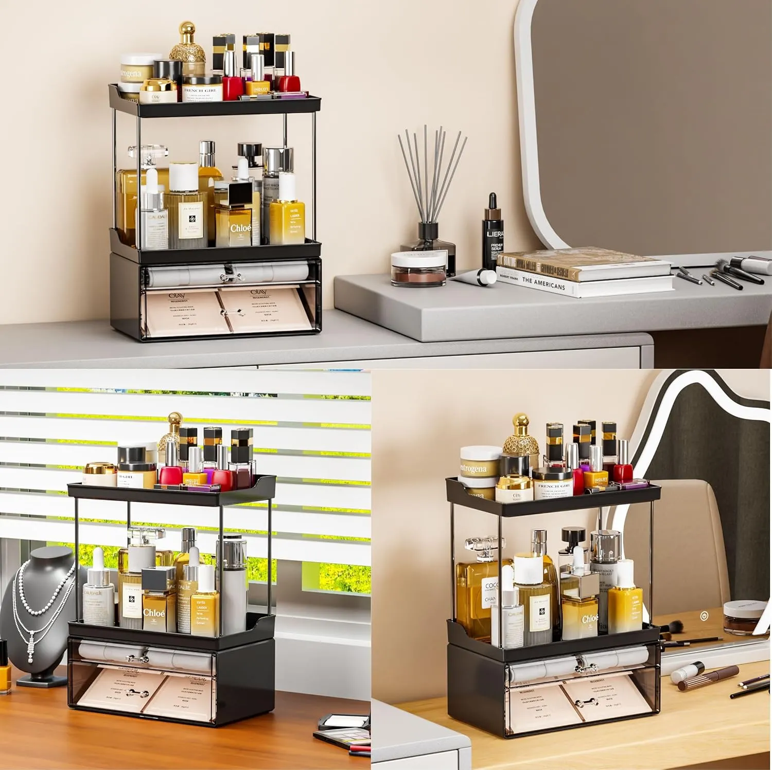 Yieach Bathroom Counter Organizers and Storage,Black Acrylic Makeup Organizers with Drawers for Vanity,Bedroom,Plastic Skincare Organizer for Dresser Top Beauty,Cosmetic,Lotion and Perfume Organizer