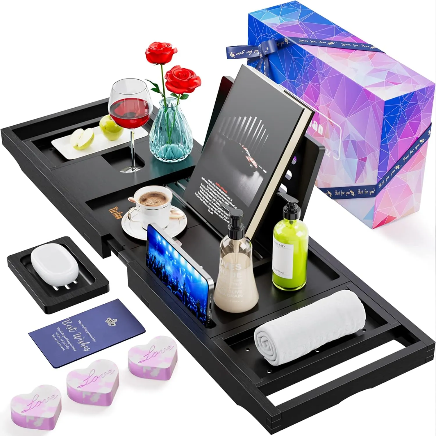 Yirilan Foldable Bathroom Caddy with Extending Side, Waterproof Fabric Bookshelf - Luxury Bath Tray for 1 or 2 Person