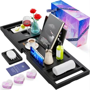 Yirilan Foldable Bathroom Caddy with Extending Side, Waterproof Fabric Bookshelf - Luxury Bath Tray for 1 or 2 Person