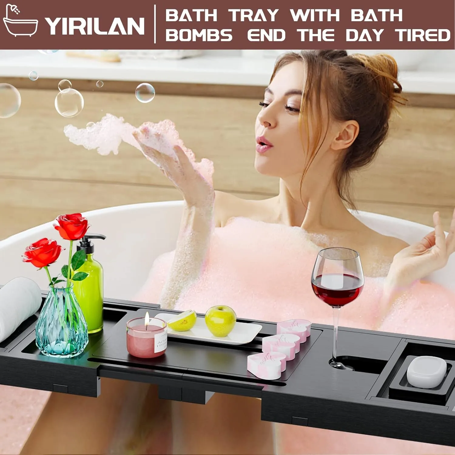 Yirilan Foldable Bathroom Caddy with Extending Side, Waterproof Fabric Bookshelf - Luxury Bath Tray for 1 or 2 Person