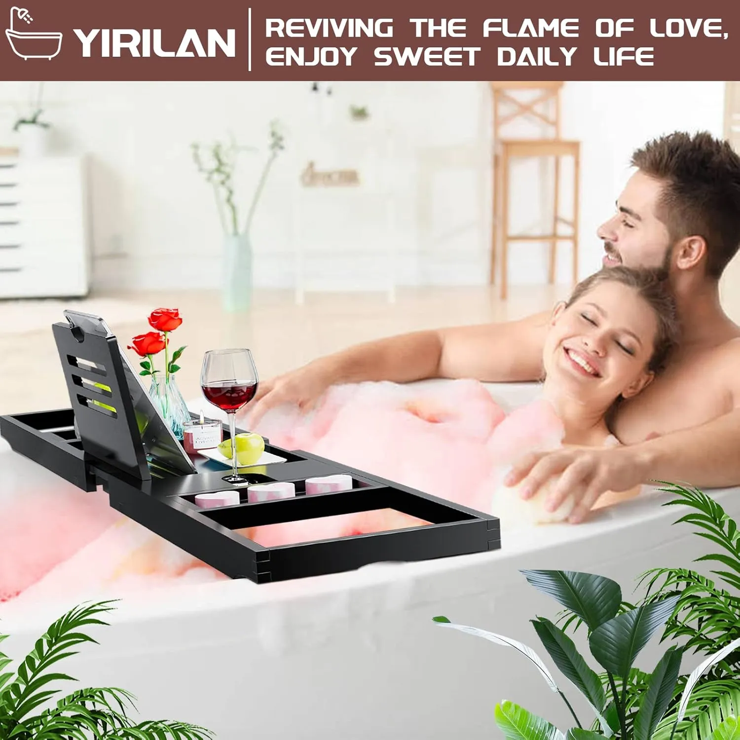 Yirilan Foldable Bathroom Caddy with Extending Side, Waterproof Fabric Bookshelf - Luxury Bath Tray for 1 or 2 Person