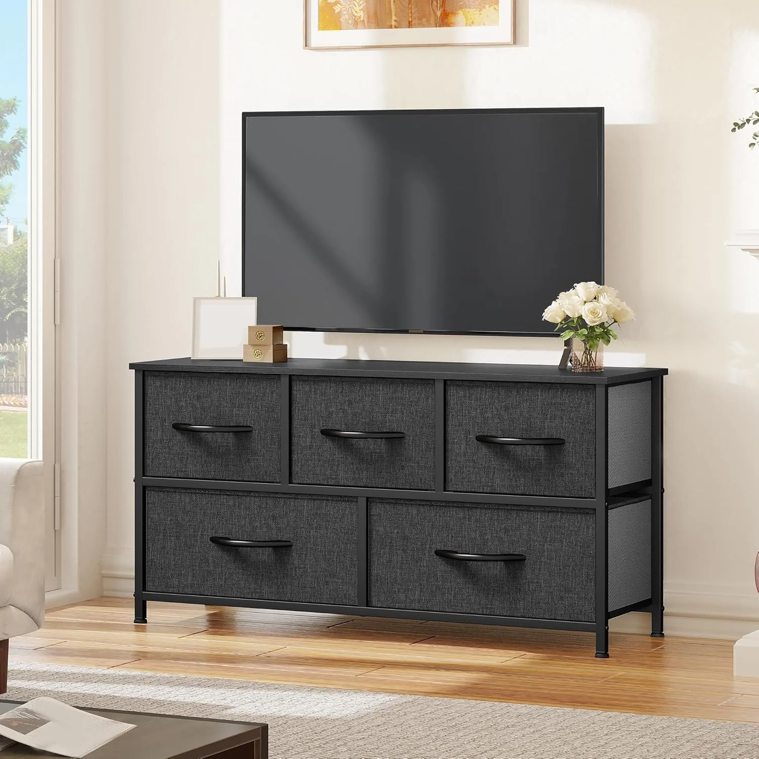 YITAHOME Dresser with 5 Drawers - Fabric Storage Tower, Black Dresser & Chest of Drawers, Organizer Unit for Bedroom