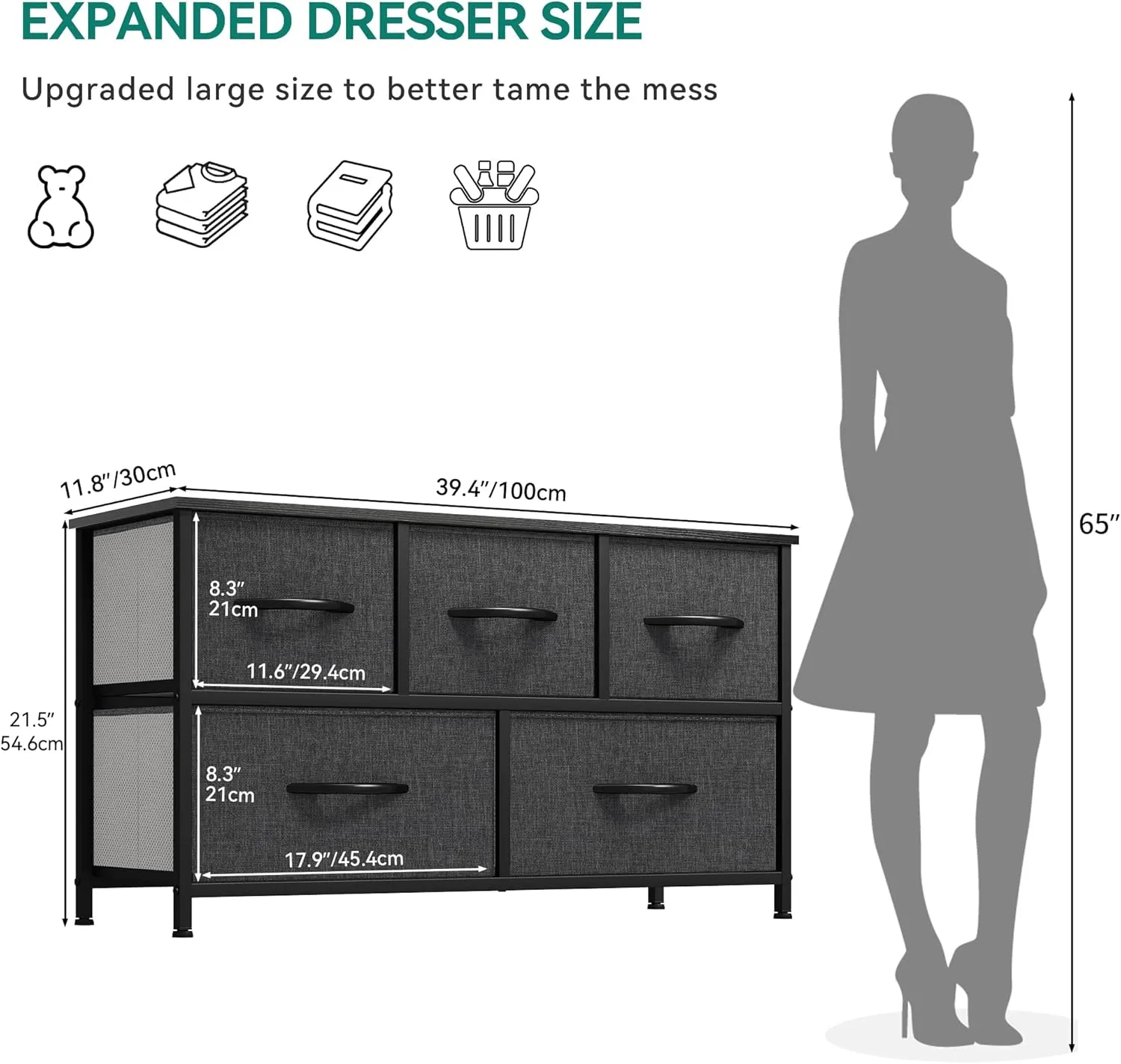 YITAHOME Dresser with 5 Drawers - Fabric Storage Tower, Black Dresser & Chest of Drawers, Organizer Unit for Bedroom