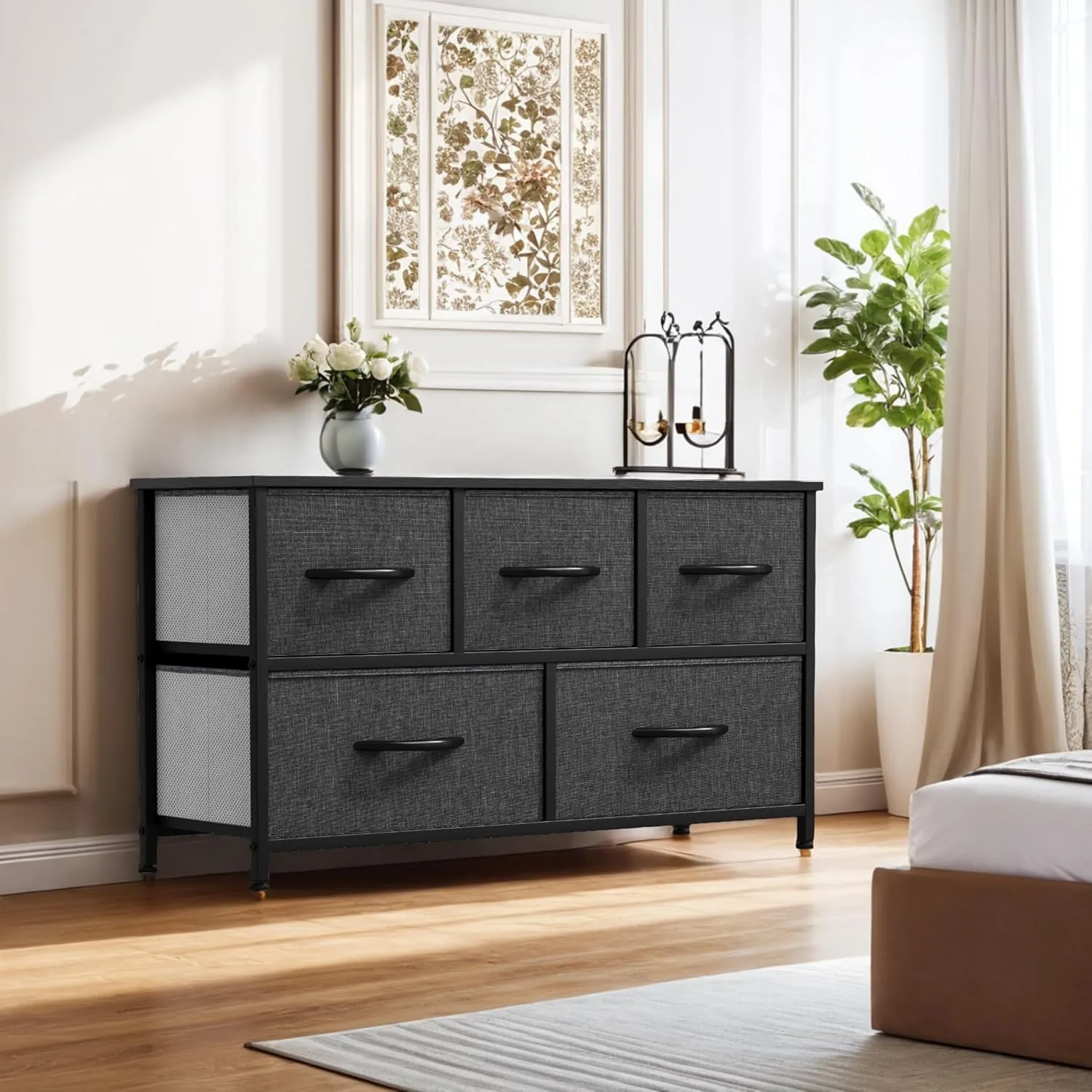 YITAHOME Dresser with 5 Drawers - Fabric Storage Tower, Black Dresser & Chest of Drawers, Organizer Unit for Bedroom