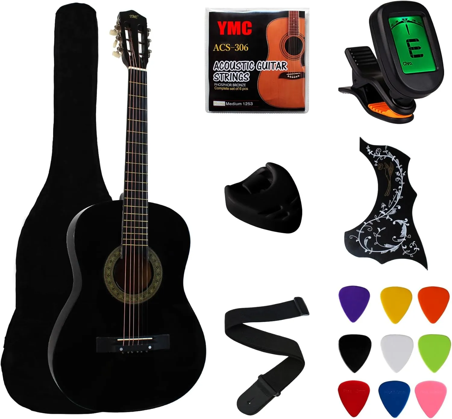 YMC 38" Black Beginner Acoustic Guitar Starter Package Student Guitar with Gig Bag,Strap, 3 thickness 9 picks,2 Pickguards,Pick Holder, Extra Strings, Electronic Tuner -Black