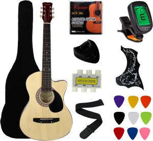 YMC 38" Cutaway Natural Beginner Acoustic Guitar Starter Package Student Guitar with Gig Bag,Strap, 3 thickness 9 picks,2 Pickguards,Pick Holder, Extra Strings, Electronic Tuner -Natural Cutaway