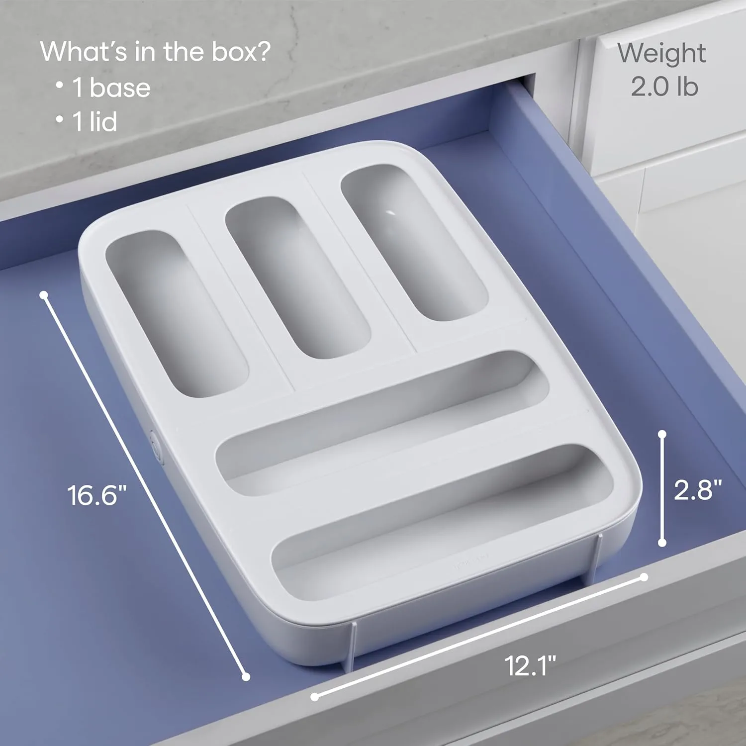 YouCopia StoraBag Drawer Food Bag Dispenser, Plastic Sandwich Bags Organizer for Kitchen Storage, 5-Slot, White