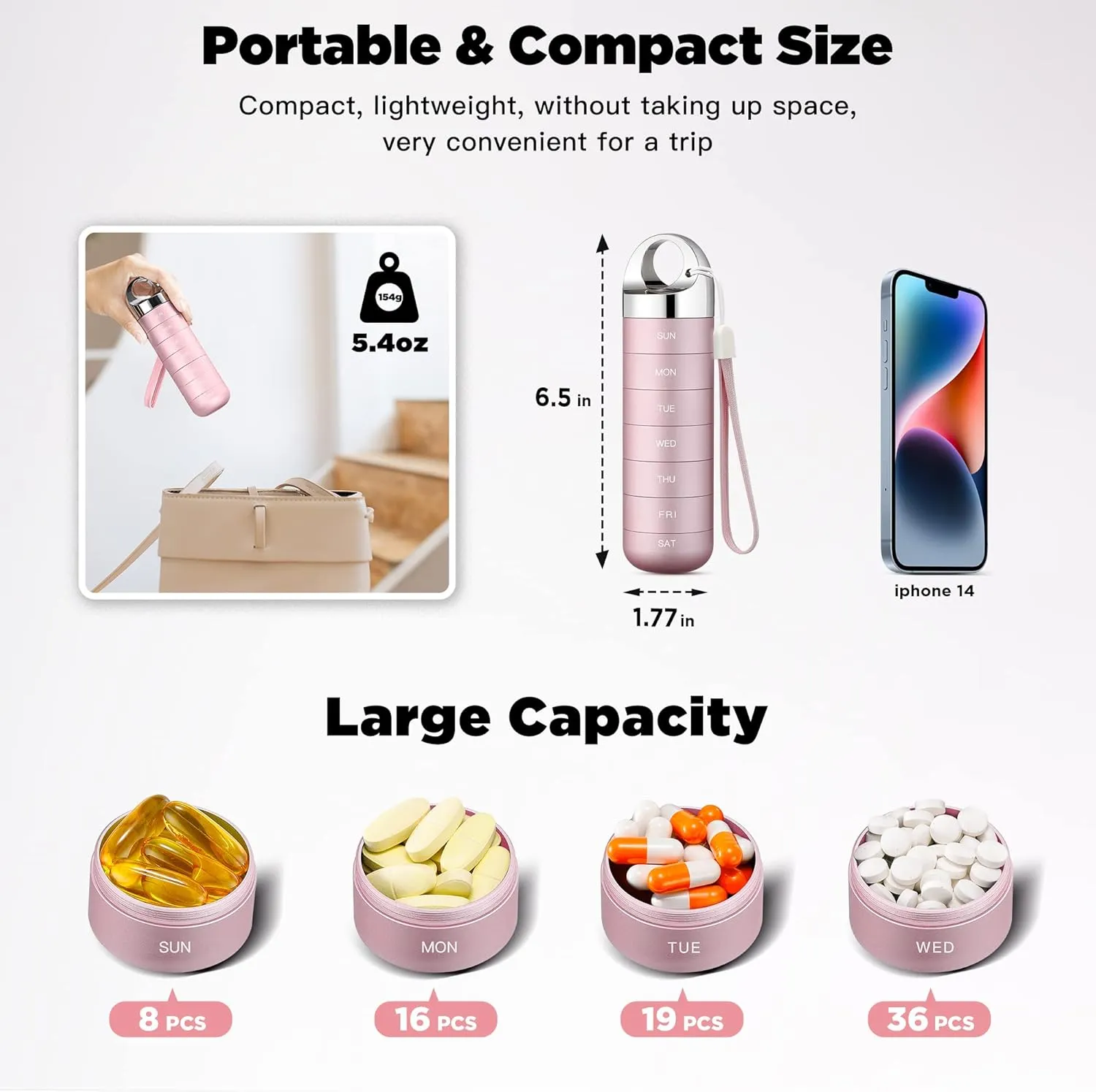 Zannaki Metal Travel Pill Organizer, Portable Waterproof Weekly Pill Box, Large Aluminum Alloy Container, BPA Free 7 Day Daily Medicine Organizer Holder for Vitamin, Fish Oil, Supplement
