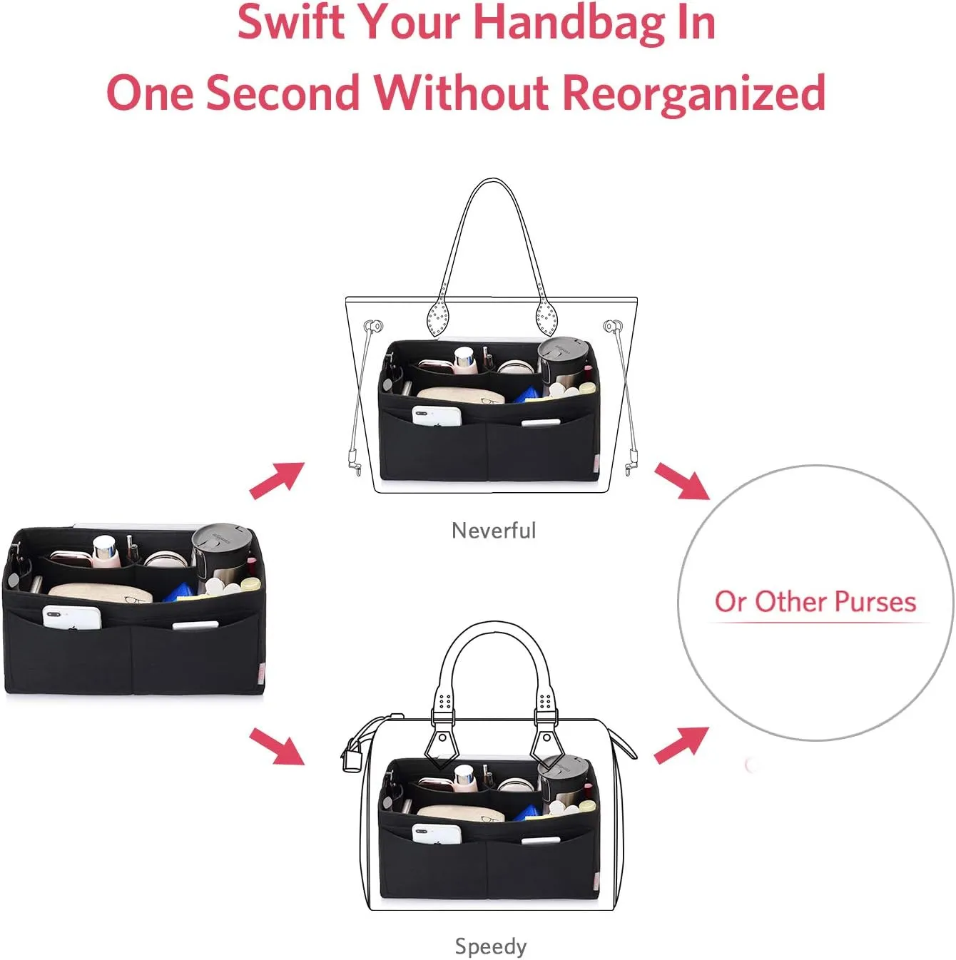 ZTUJO Felt Purse Organizer, Multi Pocket Bag in Bag Organizer For Tote & Handbag Shaper, Speedy 30, Speedy 35 and Speedy 40