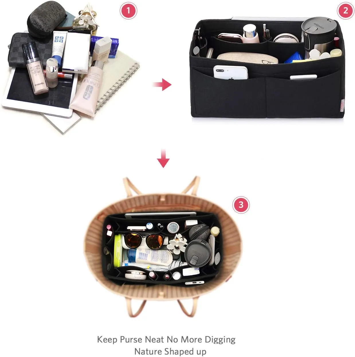 ZTUJO Felt Purse Organizer, Multi Pocket Bag in Bag Organizer For Tote & Handbag Shaper, Speedy 30, Speedy 35 and Speedy 40