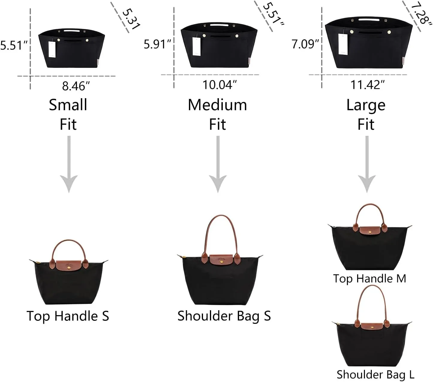 ZTUJO Purse Organizer Insert for le pliage, Compatible with Longchamp Le Pliage Top Handle S/M,Shoulder Bag S/L (Black, Medium For Shoulder Bag S)
