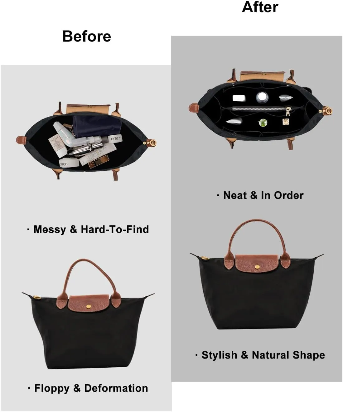 ZTUJO Purse Organizer Insert for le pliage, Compatible with Longchamp Le Pliage Top Handle S/M,Shoulder Bag S/L (Black, Medium For Shoulder Bag S)