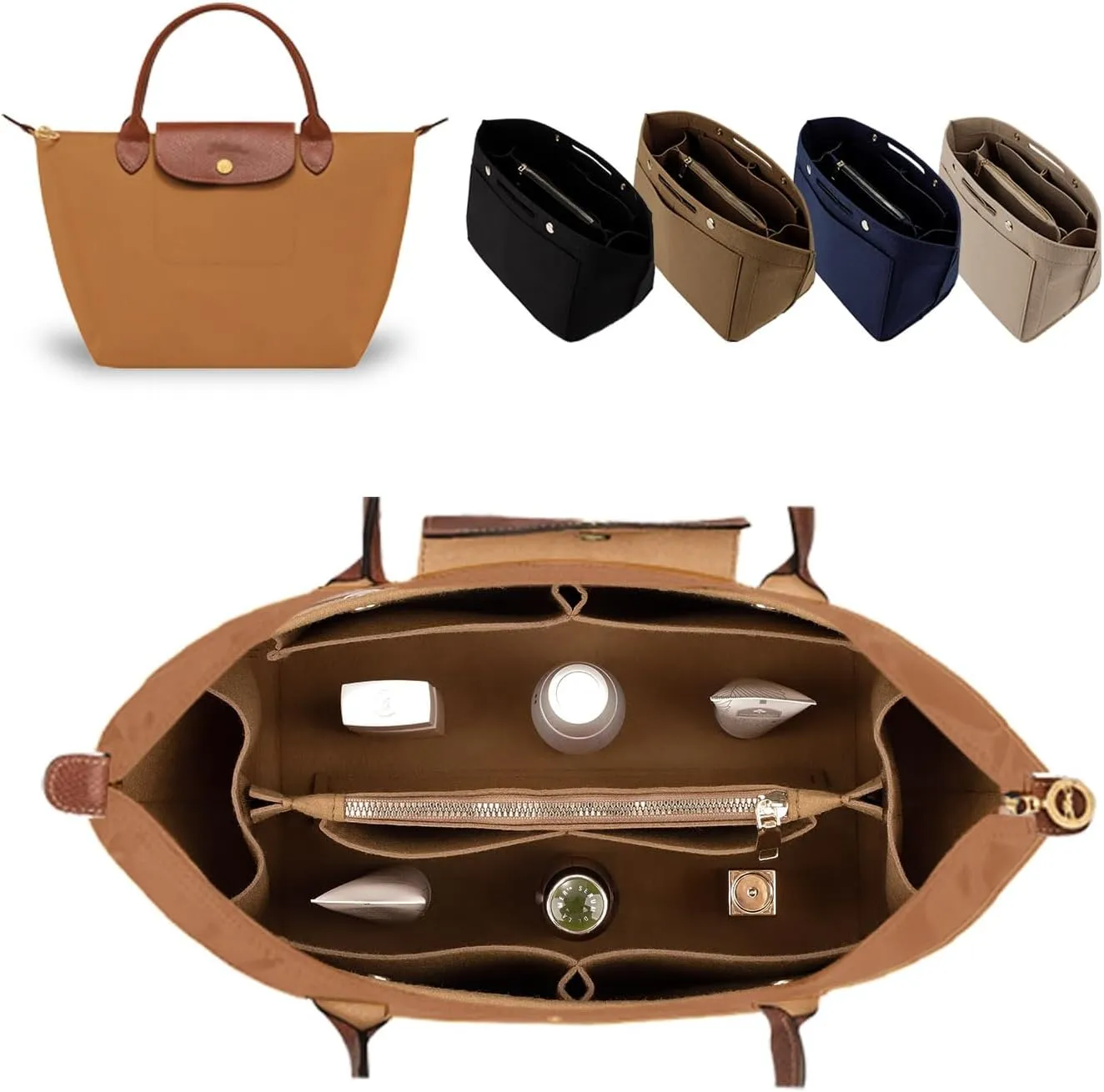ZTUJO Purse Organizer Insert for le pliage, Compatible with Longchamp Le Pliage Top Handle S/M,Shoulder Bag S/L (Lighting Coffee, Small For Handle S)