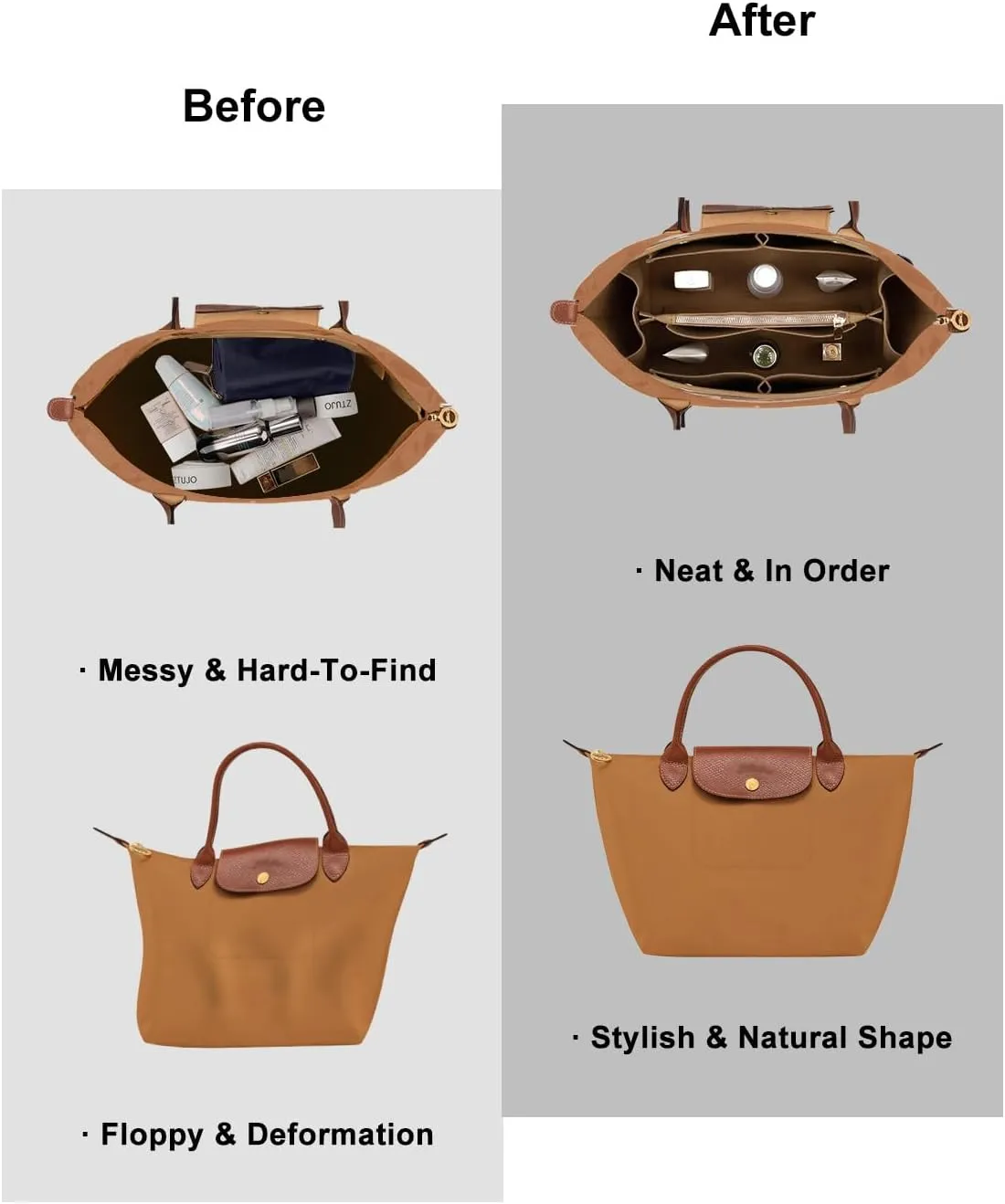ZTUJO Purse Organizer Insert for le pliage, Compatible with Longchamp Le Pliage Top Handle S/M,Shoulder Bag S/L (Lighting Coffee, Small For Handle S)
