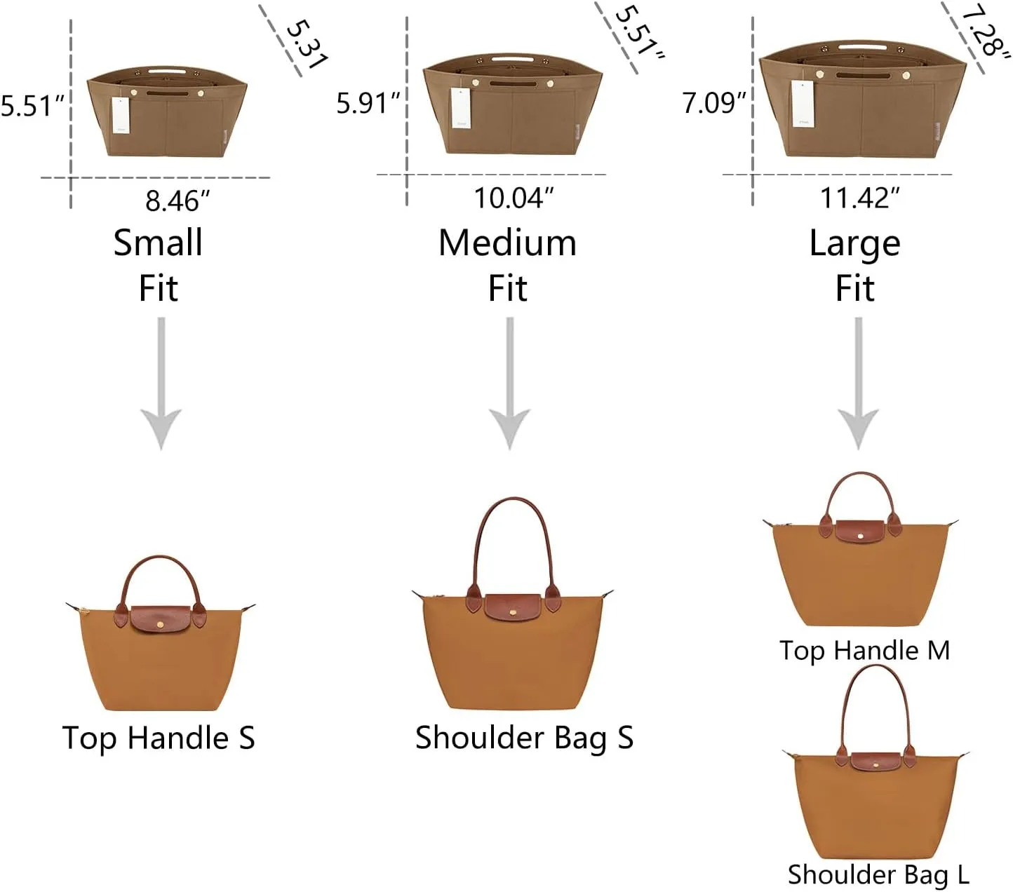 ZTUJO Purse Organizer Insert for le pliage, Compatible with Longchamp Le Pliage Top Handle S/M,Shoulder Bag S/L (Lighting Coffee, Small For Handle S)